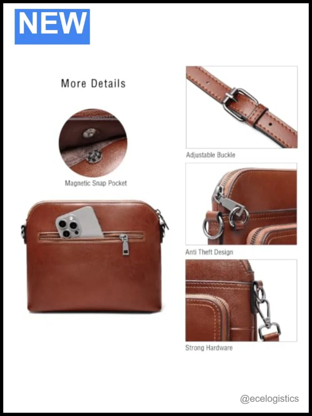 Genuine Leather Anti Theft Crossbody Bag with RFID Blocking Detachable Strap